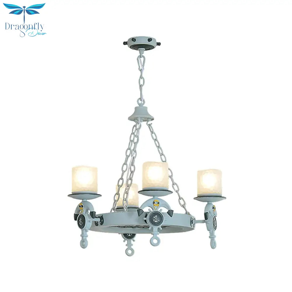 4 Heads Parlor Chandelier Light Children Blue/Brown Hanging Lamp Kit With Cylinder Frosted Glass
