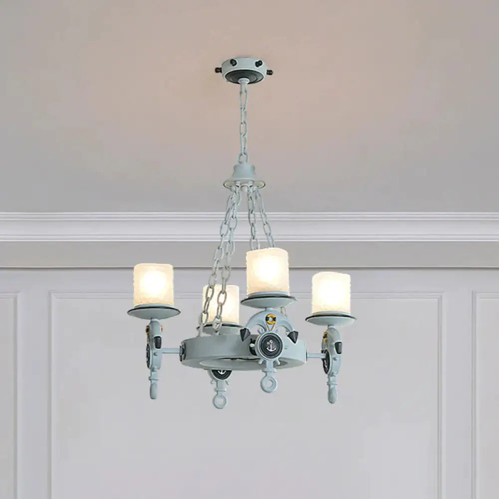 4 Heads Parlor Chandelier Light Children Blue/Brown Hanging Lamp Kit With Cylinder Frosted Glass