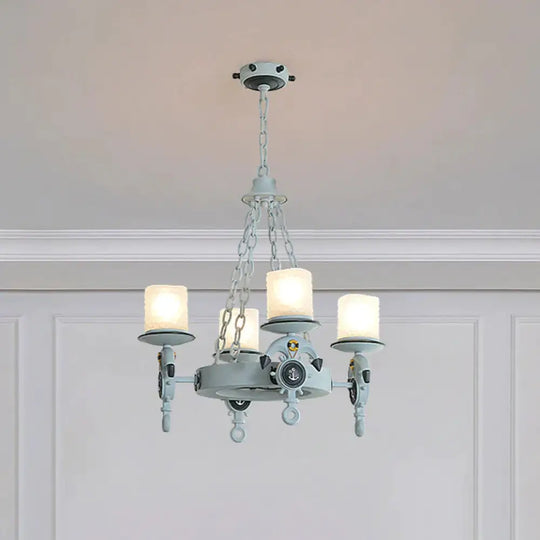 4 Heads Parlor Chandelier Light Children Blue/Brown Hanging Lamp Kit With Cylinder Frosted Glass