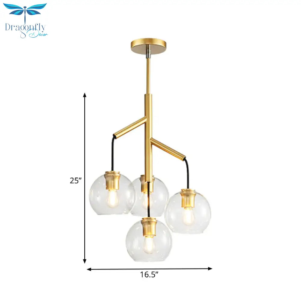 4 Heads Spherical Chandelier Colonial Hand Blown Clear Glass Ceiling Pendant In Gold
