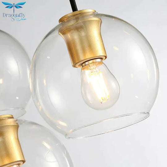 4 Heads Spherical Chandelier Colonial Hand Blown Clear Glass Ceiling Pendant In Gold