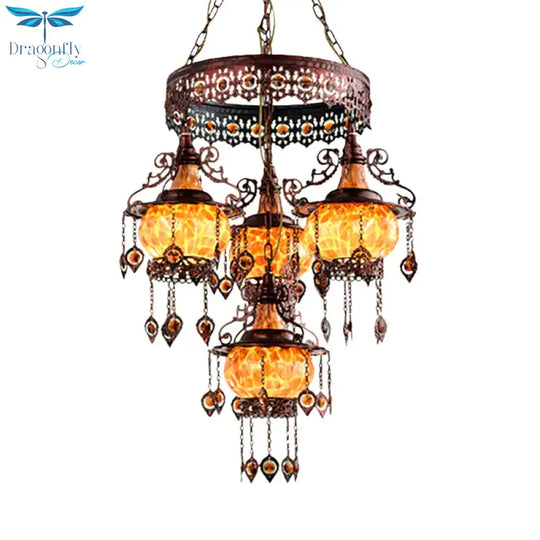 4 Heads Stained Glass Chandelier Bohemia Orange Lantern Living Room Pendant Lighting