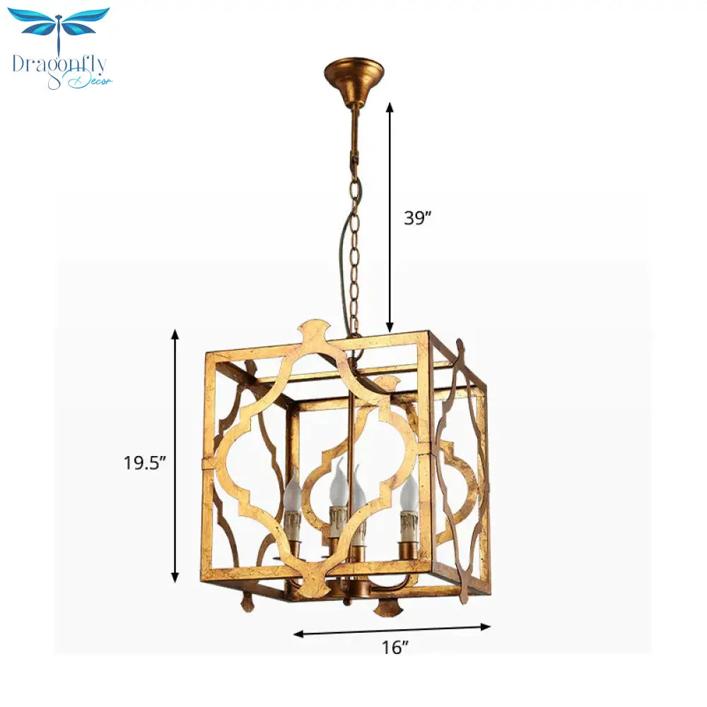 4 - Light Chandelier Light Antique Restaurant Suspension Pendant With Quatrefoil Metal Cage In Gold