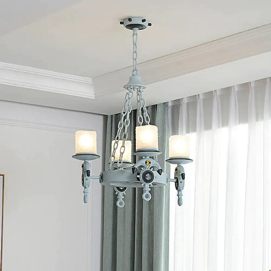 4 Lights Bedroom Pendant Lighting Nautical Blue/Black Chandelier Lamp With Cylinder Dimpled Glass