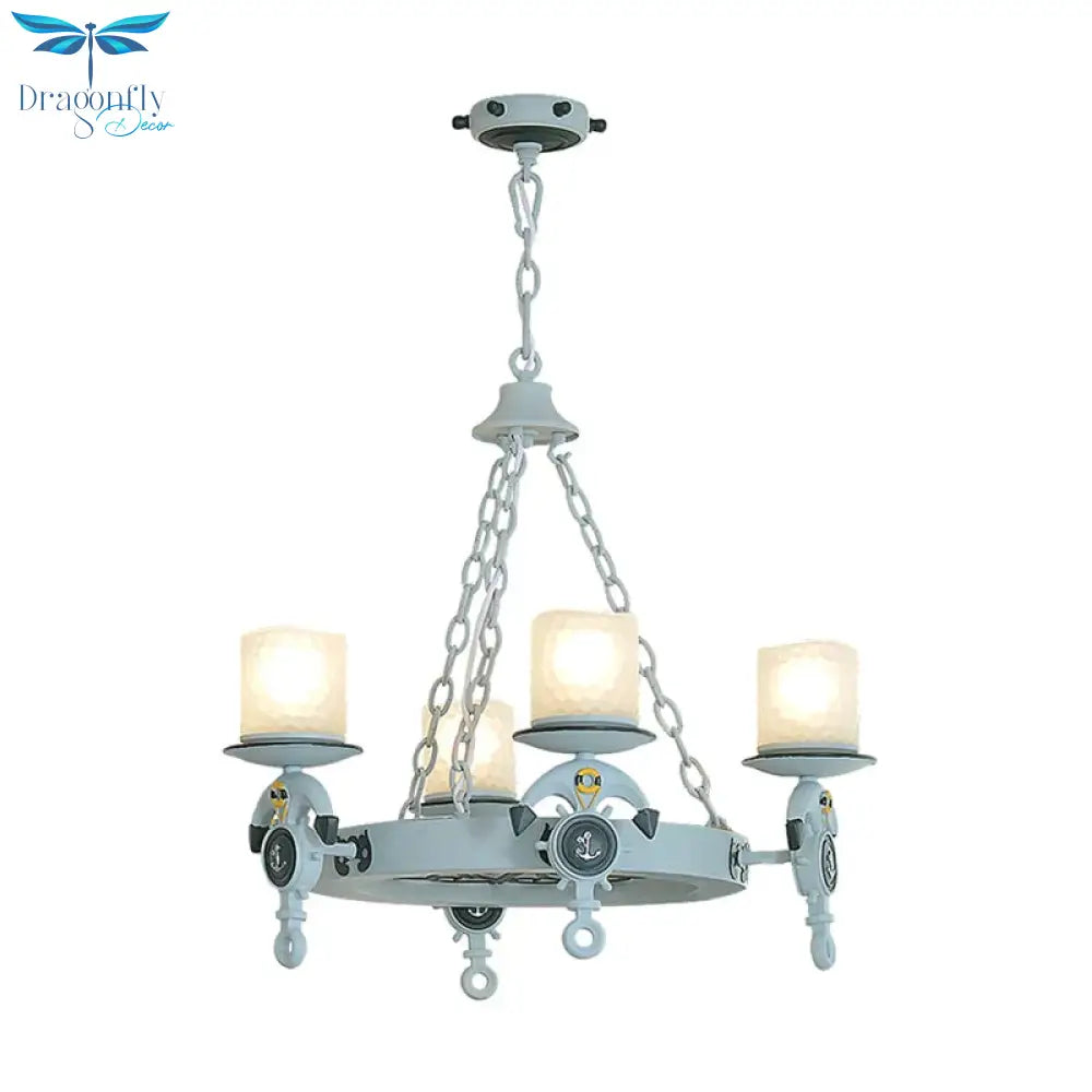 4 Lights Bedroom Pendant Lighting Nautical Blue/Black Chandelier Lamp With Cylinder Dimpled Glass