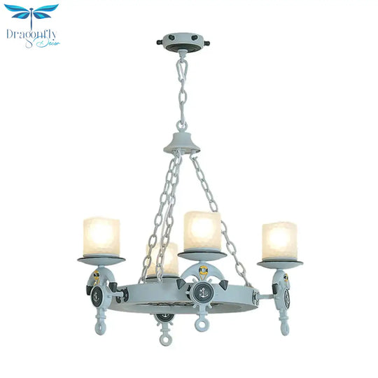 4 Lights Bedroom Pendant Lighting Nautical Blue/Black Chandelier Lamp With Cylinder Dimpled Glass
