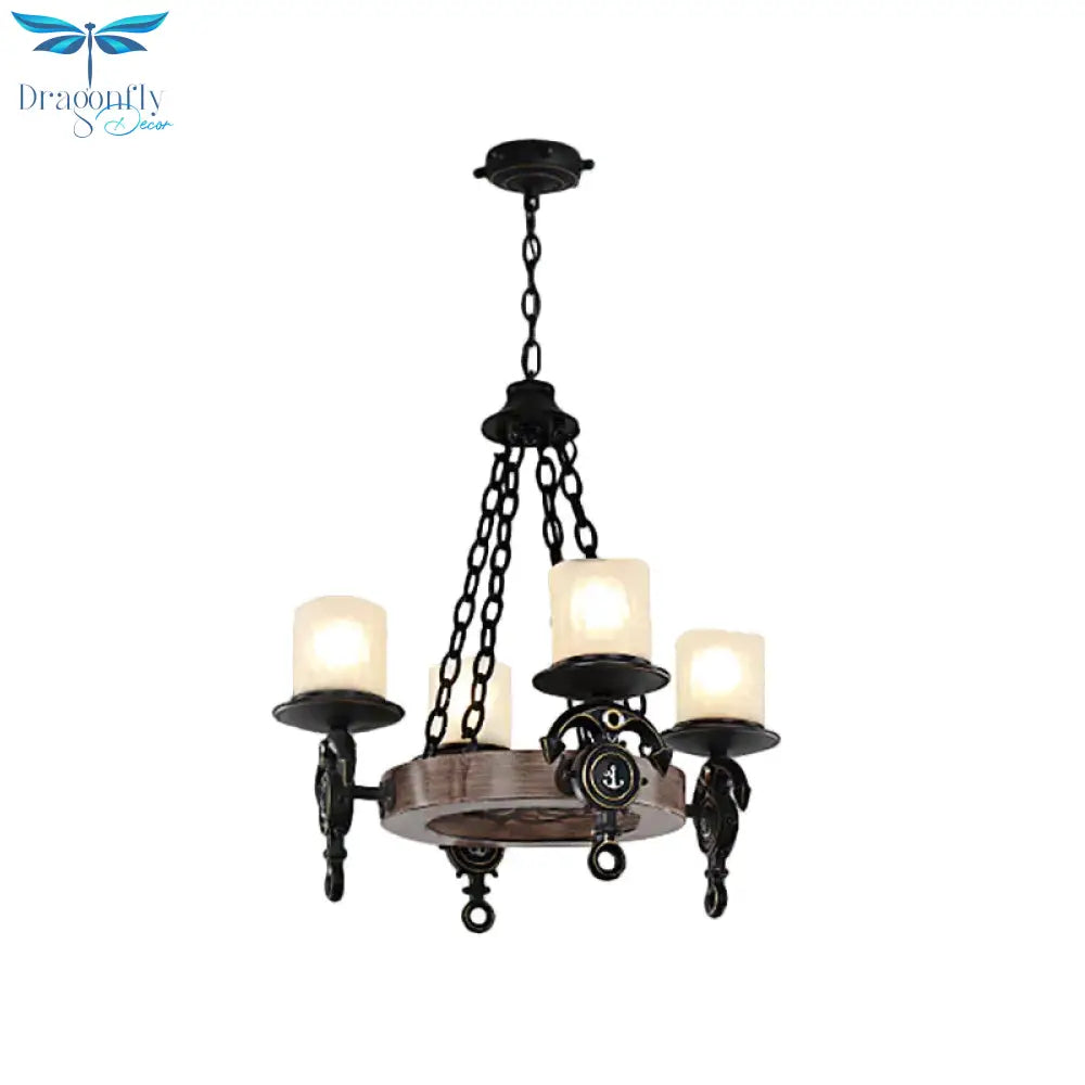 4 Lights Bedroom Pendant Lighting Nautical Blue/Black Chandelier Lamp With Cylinder Dimpled Glass