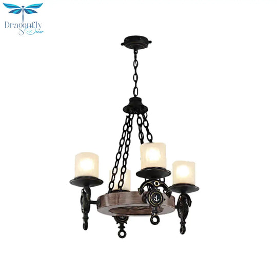 4 Lights Bedroom Pendant Lighting Nautical Blue/Black Chandelier Lamp With Cylinder Dimpled Glass