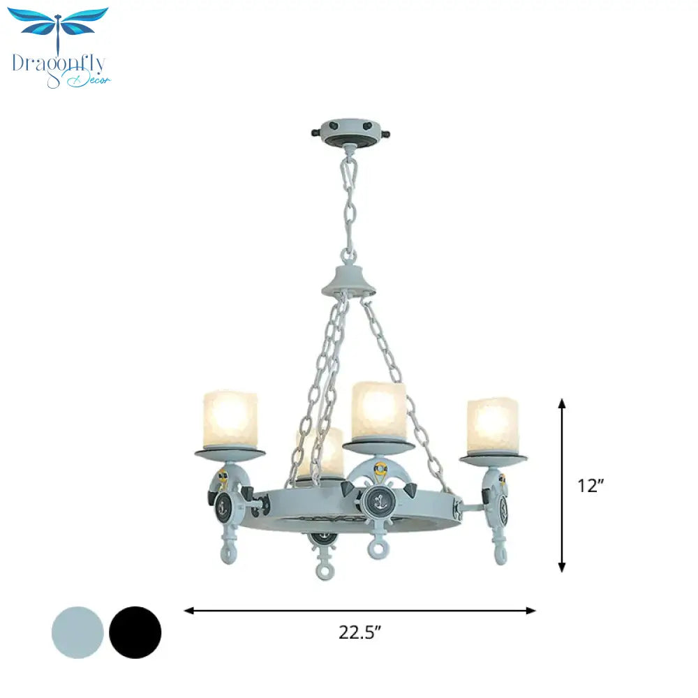 4 Lights Bedroom Pendant Lighting Nautical Blue/Black Chandelier Lamp With Cylinder Dimpled Glass