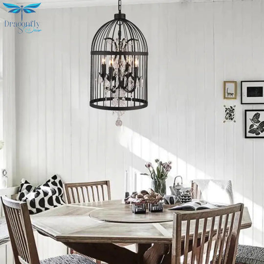 4 Lights Birdcage Chandelier Lighting Rustic Black Metal Pendant Light Fixture For Dining Room
