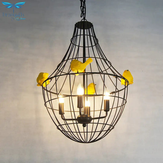 4 Lights Candelabra Suspended Lighting Fixture Traditional Black Metal Chandelier With Cage