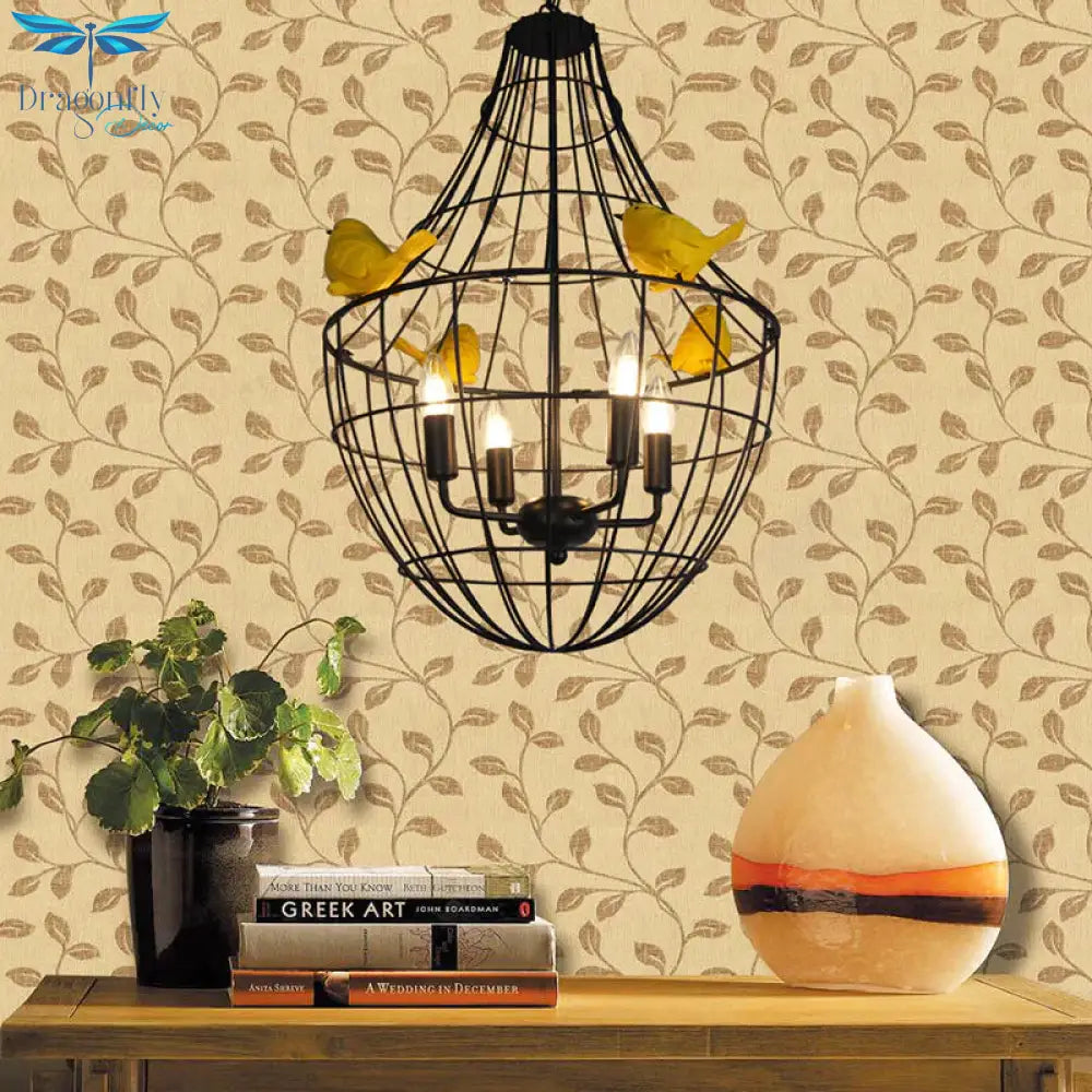 4 Lights Candelabra Suspended Lighting Fixture Traditional Black Metal Chandelier With Cage