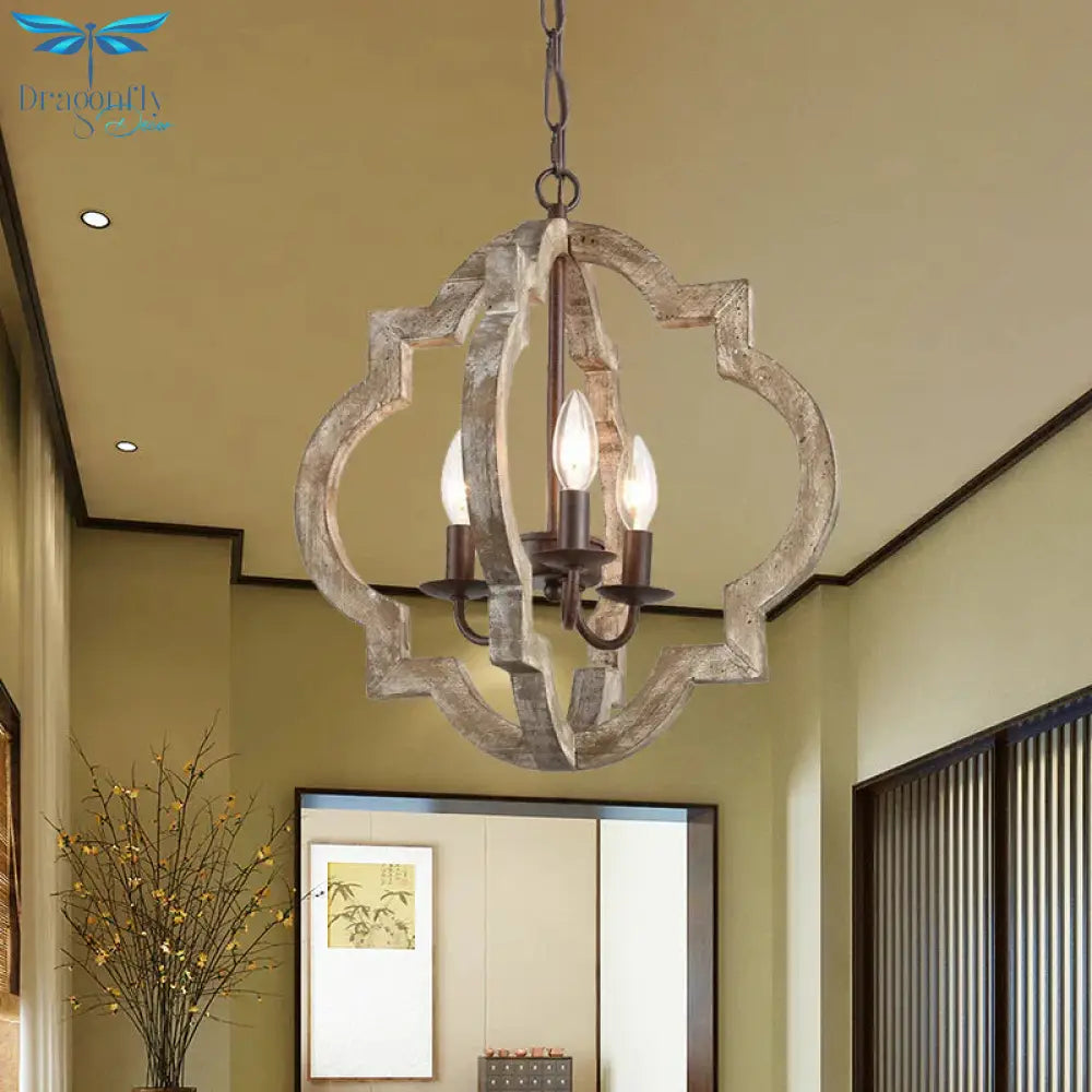 4 Lights Candle - Style Ceiling Chandelier Countryside Beige Wood Pendant Lamp With Globe Cage