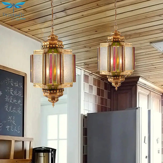 4 Lights Ceiling Chandelier Classic Porch Hanging Lamp With Lantern Frosted Glass Shade In Brass