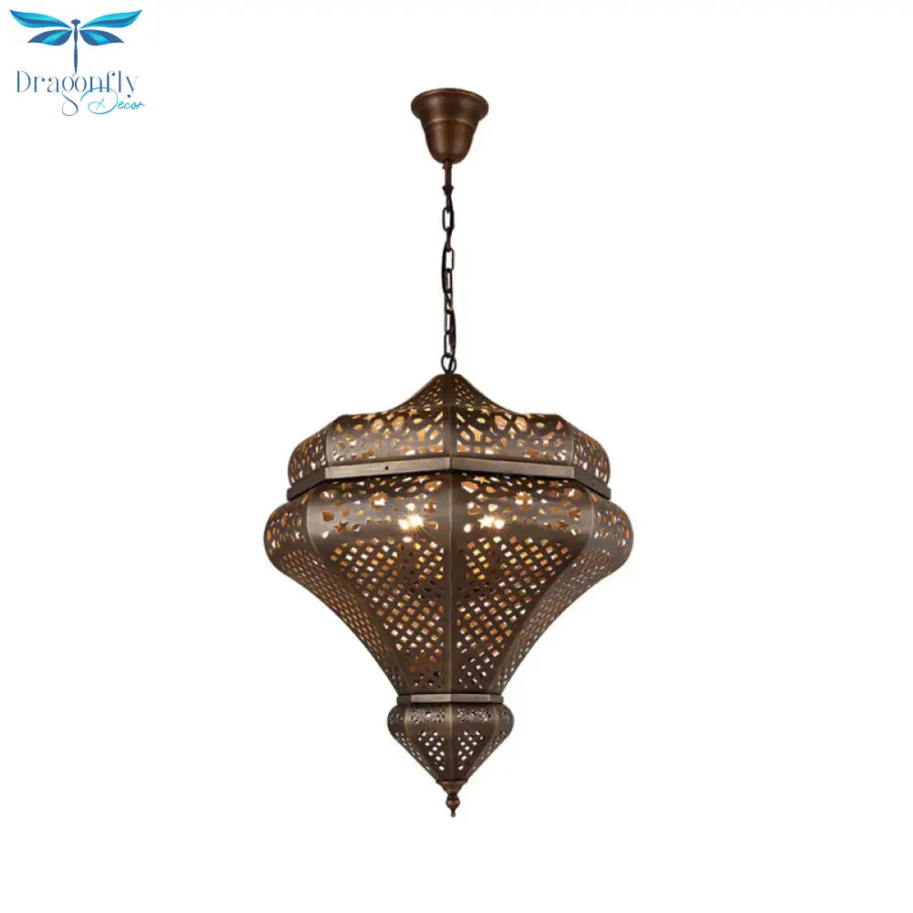4 Lights Chandelier Lamp Retro Restaurant Pendant Light With Hollow Metal Shade In Bronze