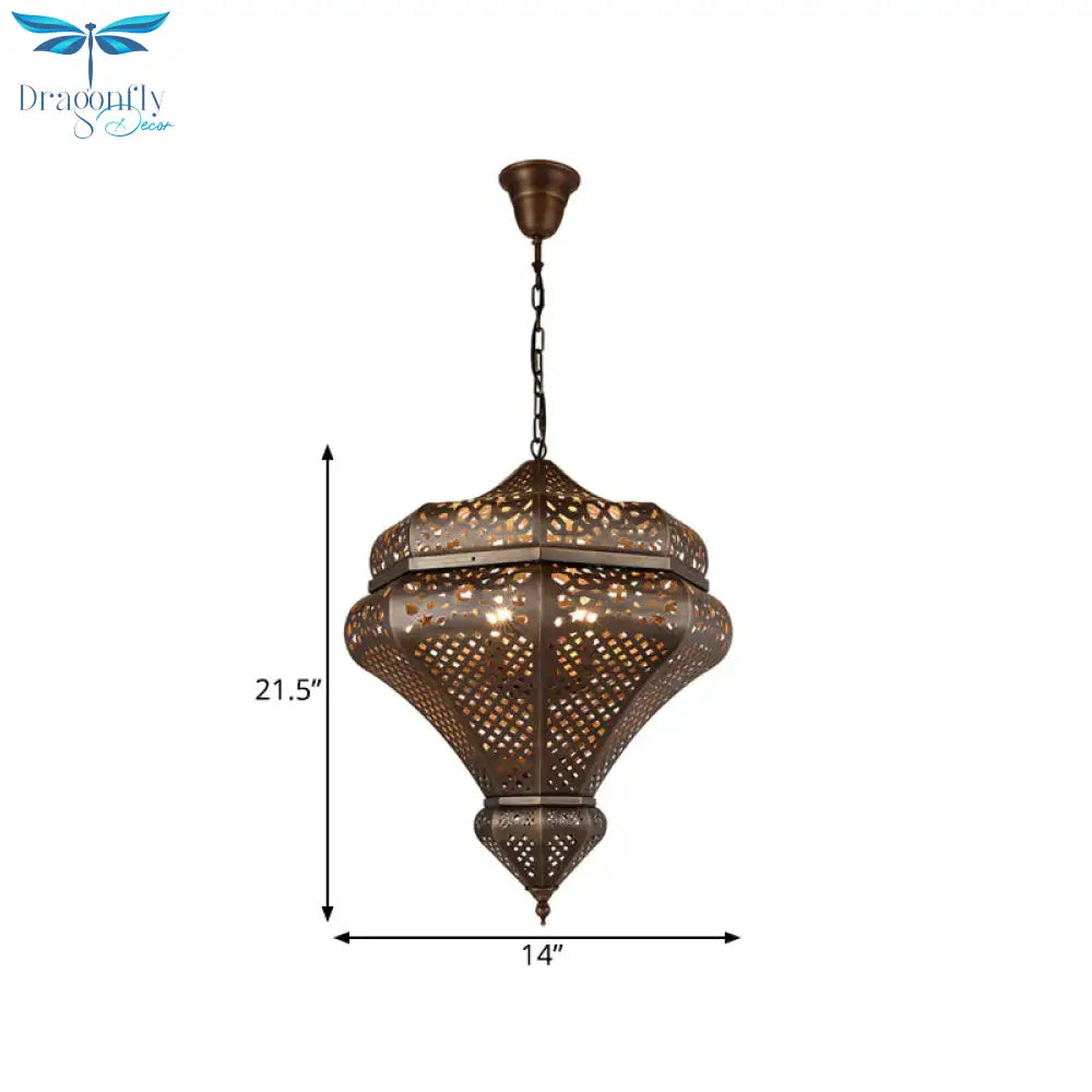 4 Lights Chandelier Lamp Retro Restaurant Pendant Light With Hollow Metal Shade In Bronze
