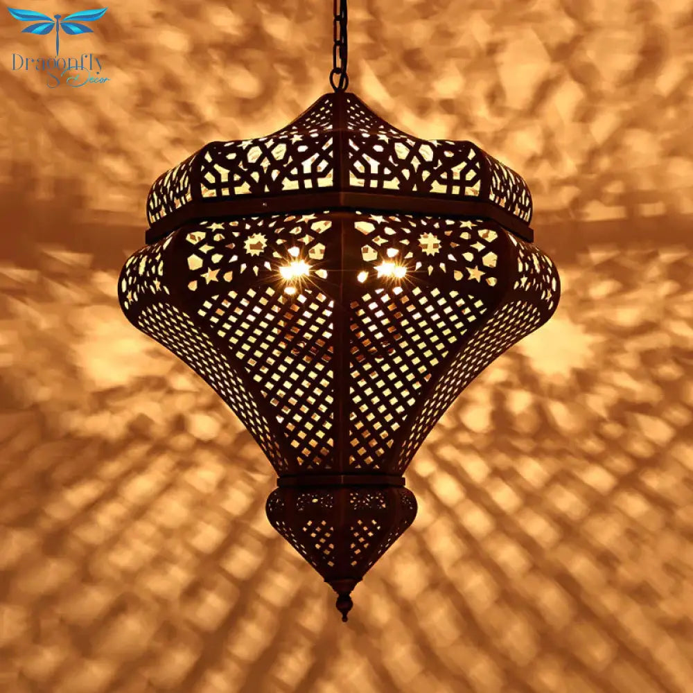 4 Lights Chandelier Lamp Retro Restaurant Pendant Light With Hollow Metal Shade In Bronze