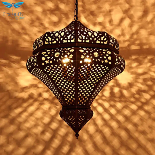4 Lights Chandelier Lamp Retro Restaurant Pendant Light With Hollow Metal Shade In Bronze