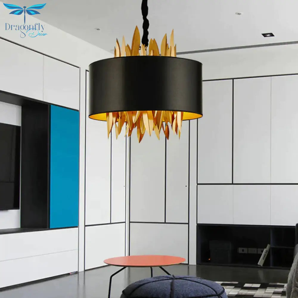 4 Lights Fabric Chandelier Lamp Country Black Round Dining Room Hanging Ceiling Light With Metal