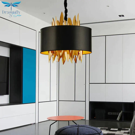 4 Lights Fabric Chandelier Lamp Country Black Round Dining Room Hanging Ceiling Light With Metal