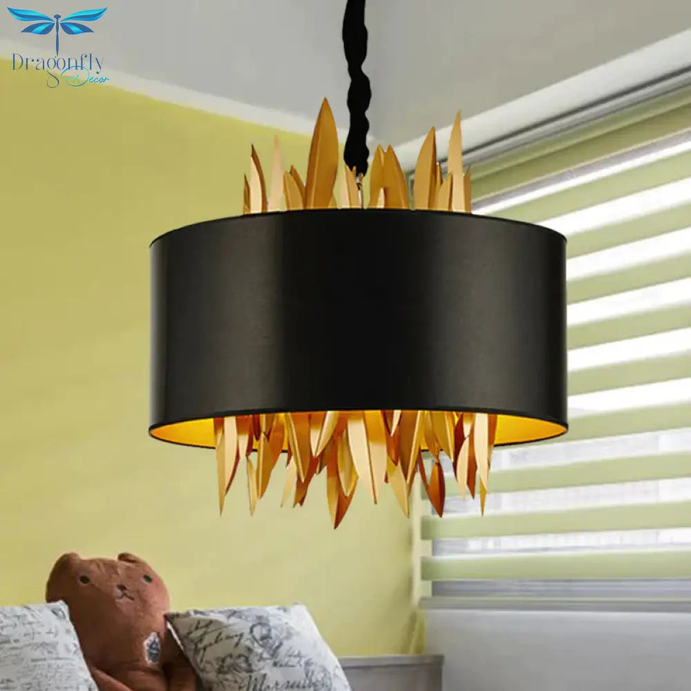 4 Lights Fabric Chandelier Lamp Country Black Round Dining Room Hanging Ceiling Light With Metal