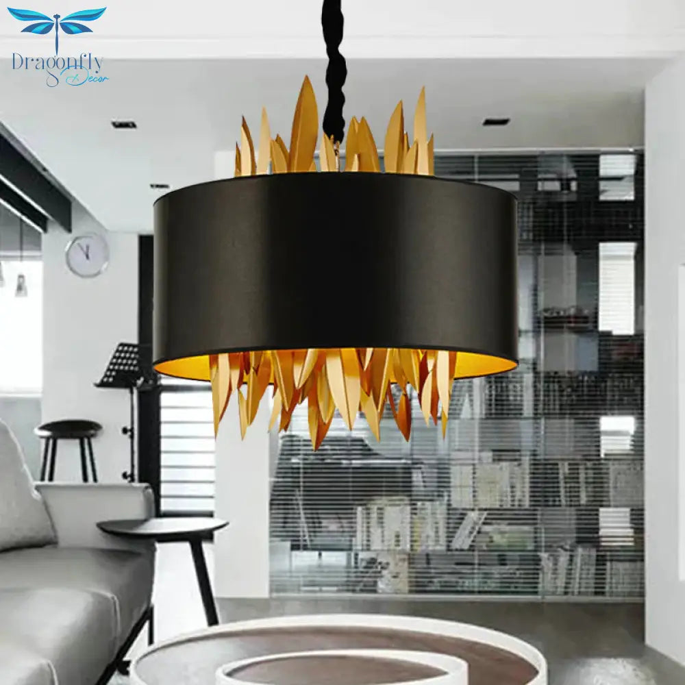4 Lights Fabric Chandelier Lamp Country Black Round Dining Room Hanging Ceiling Light With Metal