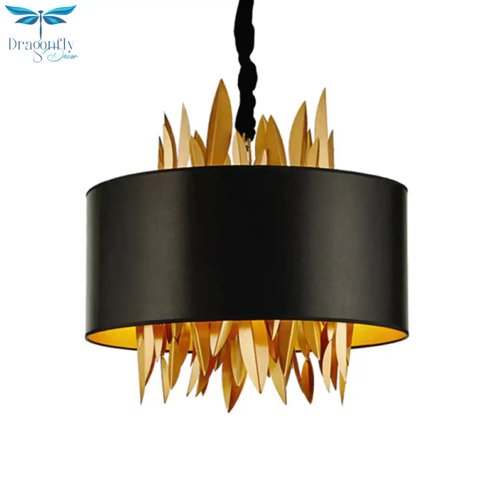 4 Lights Fabric Chandelier Lamp Country Black Round Dining Room Hanging Ceiling Light With Metal