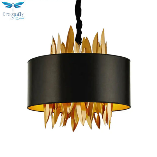 4 Lights Fabric Chandelier Lamp Country Black Round Dining Room Hanging Ceiling Light With Metal