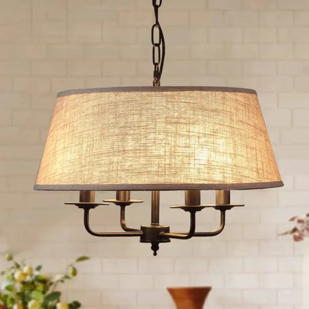 4 Lights Fabric Chandelier Light Rural Style Beige/Green Tapered Drum Dining Room Drop Pendant Beige
