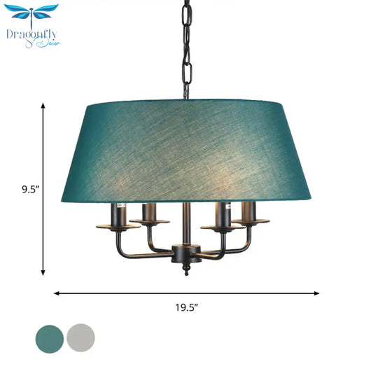 4 Lights Fabric Chandelier Light Rural Style Beige/Green Tapered Drum Dining Room Drop Pendant