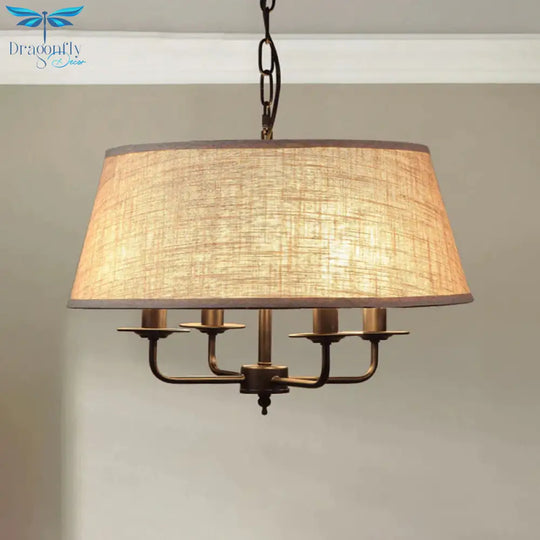 4 Lights Fabric Chandelier Light Rural Style Beige/Green Tapered Drum Dining Room Drop Pendant