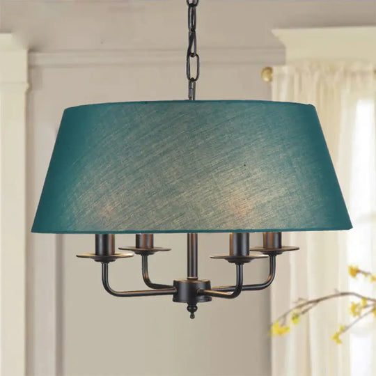 4 Lights Fabric Chandelier Light Rural Style Beige/Green Tapered Drum Dining Room Drop Pendant Green