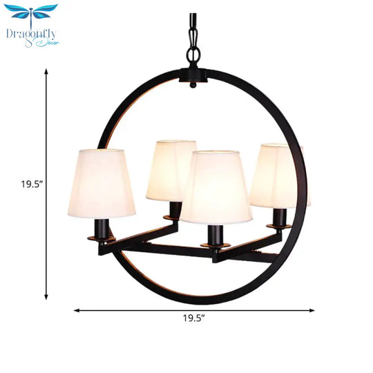 4 Lights Fabric Chandelier Light Traditional White/Flaxen Cone Dining Room Hanging With Black Ring