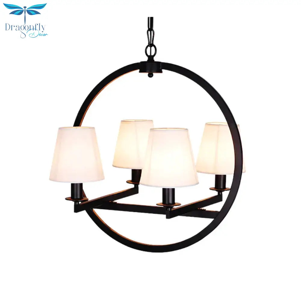 4 Lights Fabric Chandelier Light Traditional White/Flaxen Cone Dining Room Hanging With Black Ring