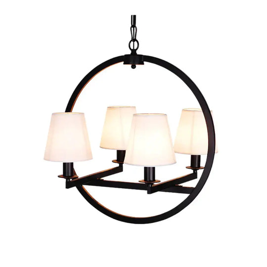 4 Lights Fabric Chandelier Light Traditional White/Flaxen Cone Dining Room Hanging With Black Ring