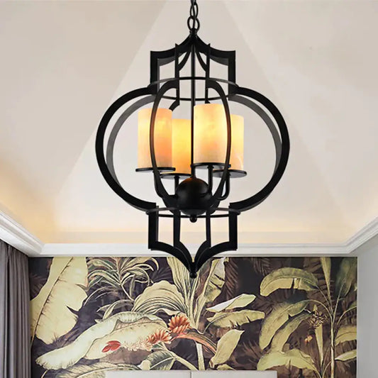 4 Lights Lantern Frame Pendant Lamp Countryside Black Finish Metallic Chandelier Lighting
