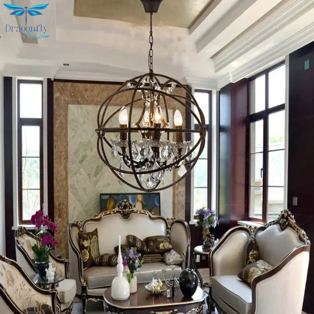 4 Lights Metal Hanging Chandelier Country Black Globe Dining Room Pendant Light Fixture With