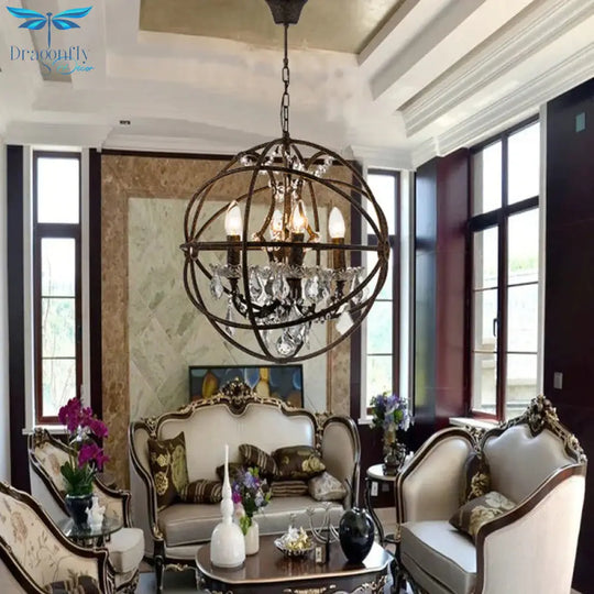 4 Lights Metal Hanging Chandelier Country Black Globe Dining Room Pendant Light Fixture With