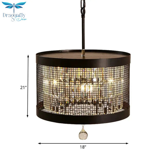 4 Lights Metal Hanging Chandelier Country Black Round Living Room Pendant Light Fixture With