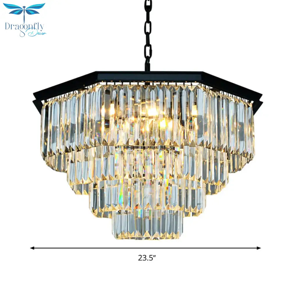 4 Tiers Living Room Suspension Pendant Traditional Clear/Amber Three Sided Crystal Rod 11 Heads