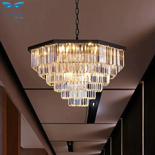 4 Tiers Living Room Suspension Pendant Traditional Clear/Amber Three Sided Crystal Rod 11 Heads
