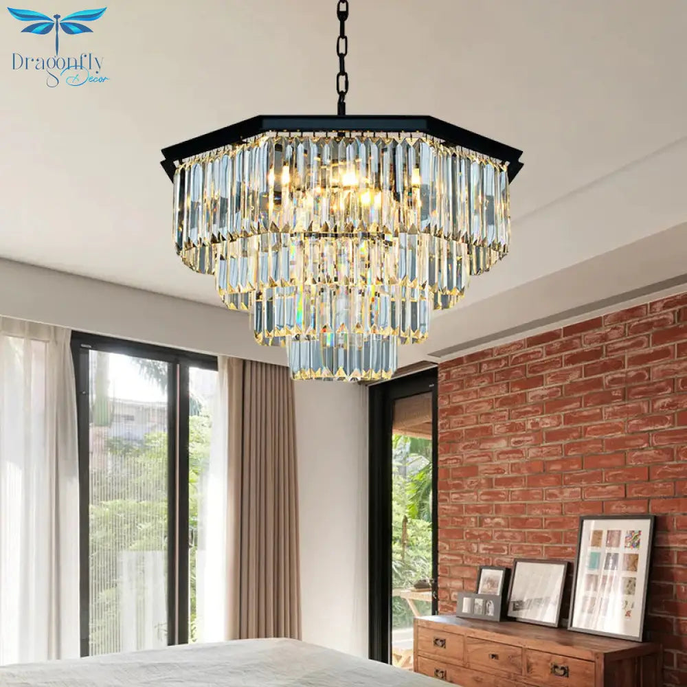 4 Tiers Living Room Suspension Pendant Traditional Clear/Amber Three Sided Crystal Rod 11 Heads