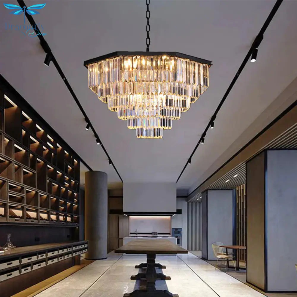 4 Tiers Living Room Suspension Pendant Traditional Clear/Amber Three Sided Crystal Rod 11 Heads