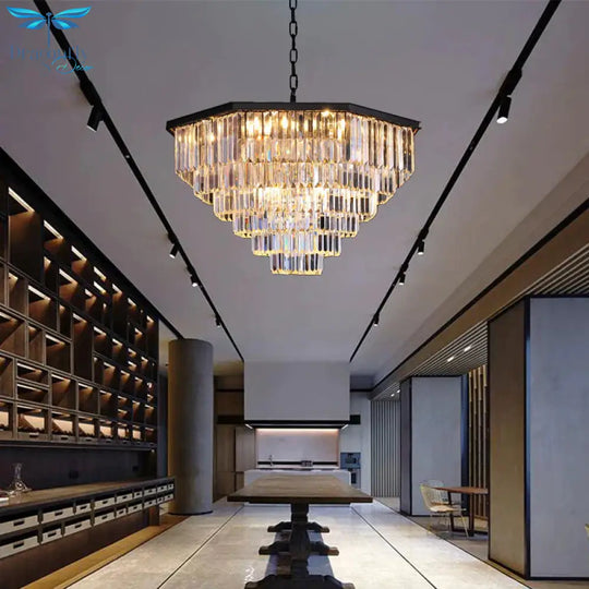 4 Tiers Living Room Suspension Pendant Traditional Clear/Amber Three Sided Crystal Rod 11 Heads