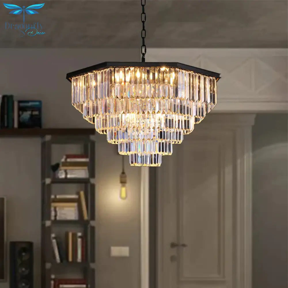 4 Tiers Living Room Suspension Pendant Traditional Clear/Amber Three Sided Crystal Rod 11 Heads