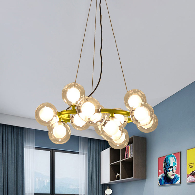 Modern Black/Gold Finish Glass 15/25 - Bulb Global Shade Chandelier Lamp With Metal Ring - Ceiling
