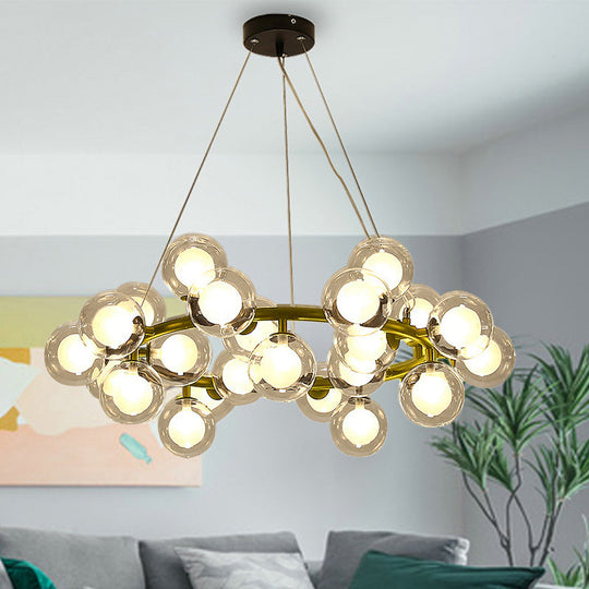 Modern Black/Gold Finish Glass 15/25 - Bulb Global Shade Chandelier Lamp With Metal Ring - Ceiling
