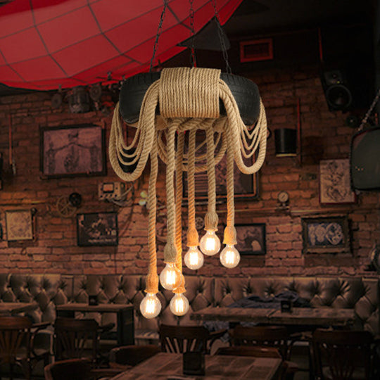 Lucienne - Industrial Beige Rope 6 - Light Bare Bulb Pendant Chandelier