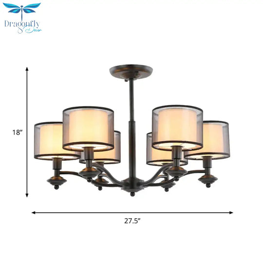 5/6 Bulbs Pendant Chandelier Traditional Double Drum Fabric Hanging Ceiling Light In Black For