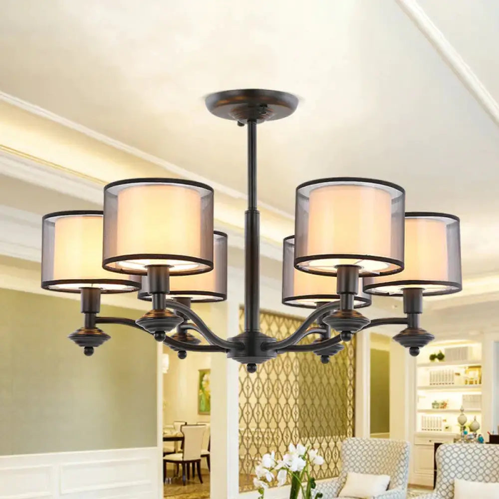 5/6 Bulbs Pendant Chandelier Traditional Double Drum Fabric Hanging Ceiling Light In Black For